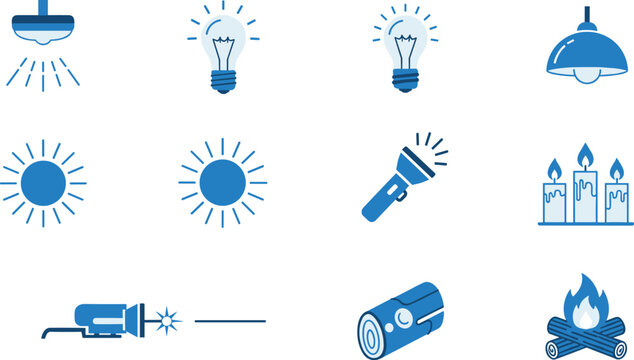 Set of light source icons, various types of illumination, from natural to artificial, with different uses.