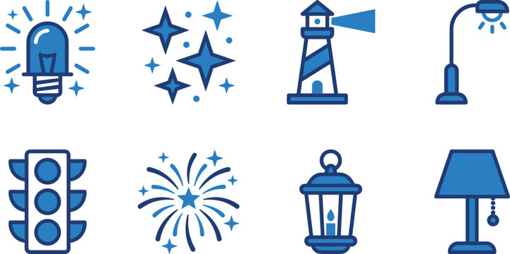 Set of illumination outline icons, various light sources, including natural, artificial, and celebratory lights.
