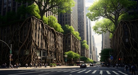 Naklejka premium Futuristic Cityscape with Lush Greenery Overgrowing Buildings.