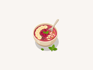 Raspberry and Banana Smoothie Bowl with Almonds and Fresh Mint © Akasha Design