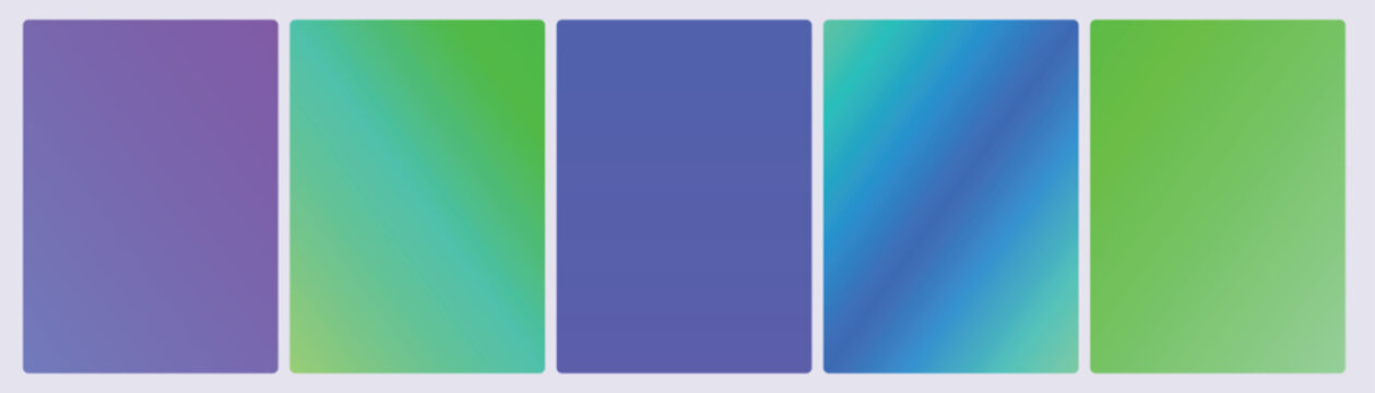 Set of five solar gradient cards in violet purple neon green turquoise indigo blue and mint cool color blends