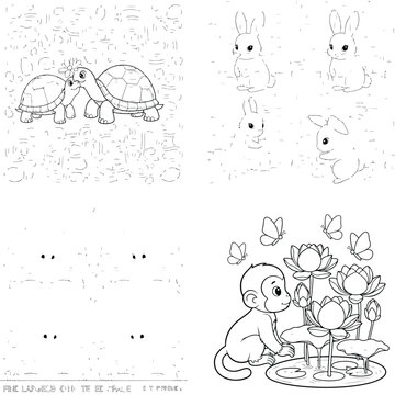 Variety of animal coloring pages with turtles bunnies monkey activity elements coloring page line art