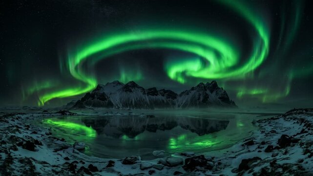 Powerful green Aurora Borealis arching over a vast snow-covered mountain range and icy valley under a starry night sky