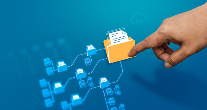 Cloud file storage, Digital document management system with file organization workflow, business data structure, cloud storage integration, information technology concept, modern enterprise efficiency