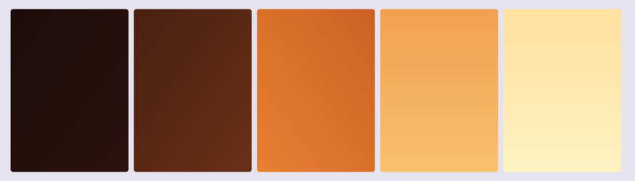 Set of five sunset amber gradient cards in dark umber sienna copper orange golden and pale cream warm fire tones