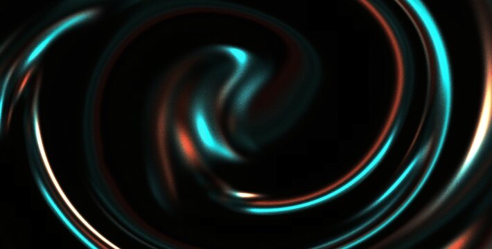 Smooth glowing spiral cyan and orange light twisting on dark background, neon light, banner, backdrop, header, poster, cover design