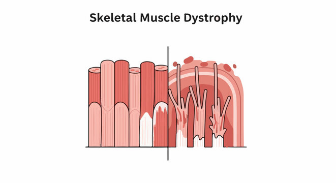 Illustration comparing healthy and atrophied muscle fibers under skeletal muscle dystrophy