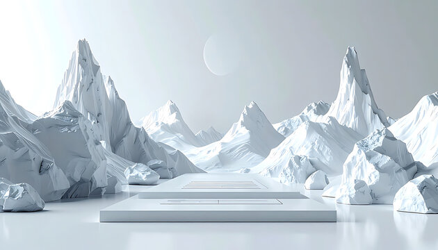 abstract geometric landscape with pixelated mountains and a large flat platform in the foreground, cool winter colors, minimalist design