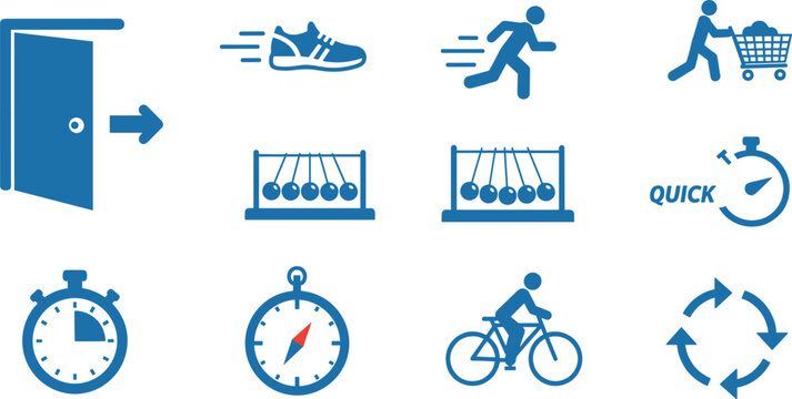 Set of movement and speed icons, including action, time, and motion related symbols for various activities.