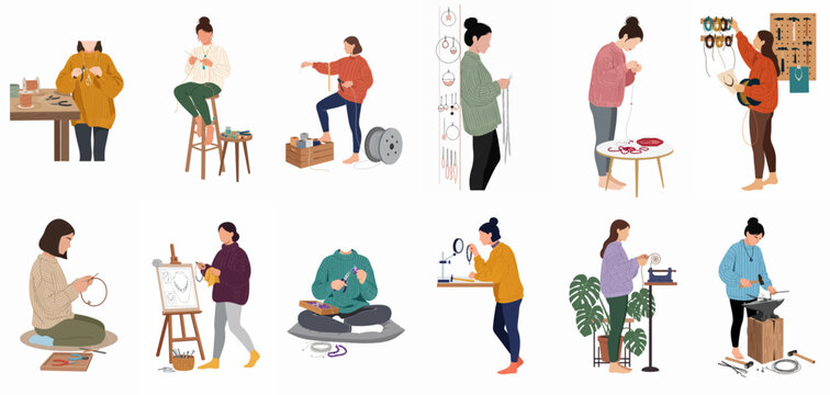 Collection of flat vector illustrations depicting women artisans creating handmade jewelry, beading, and metalwork in cozy studio environments.