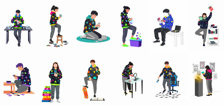 Set of flat illustrations featuring young people engaged in various trading card game activities including collecting, sorting, and playing.