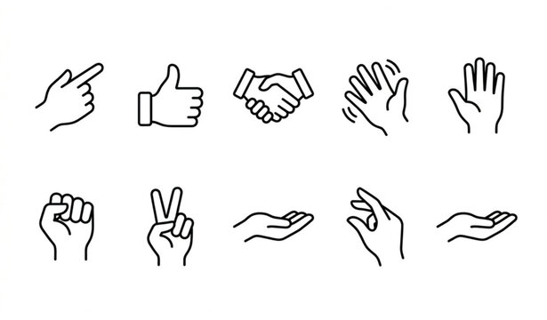 Outline hands icon set illustrating human gestures and finger signs in modern linear vector style