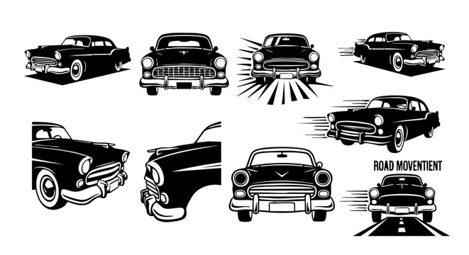 Vintage Car Silhouette Set Vector Illustration Retro Automobile Transport Collection