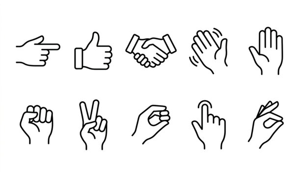 Outline hands icon set illustrating human gestures and finger signs in modern linear vector style