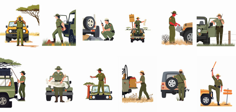 Collection of various park ranger illustrations depicting wildlife protection, patrolling, and maintenance duties in a savanna environment with off-road vehicles.