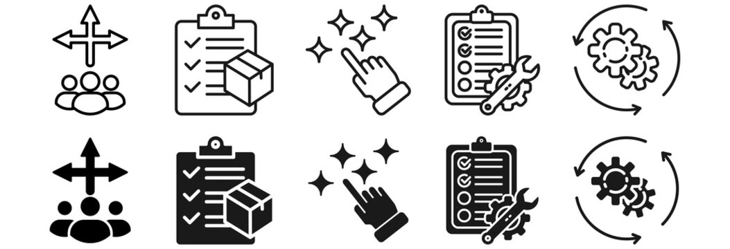 5s icon set. lean manufacturing methodology of cleaning organization system with sort, set in order icon