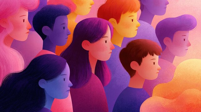 Diverse children standing together symbolizing unity, equality and childhood. Colorful abstract illustration, Diversity, inclusion. International Children&rsquo;s Day