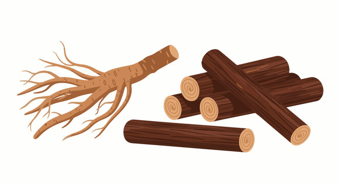 Illustration of a ginseng root and cut wood logs