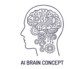 Obraz premium Human head silhouette with gears and network illustrating AI thinking process brainstorming intelligence system connection artificial intelligence problem solving