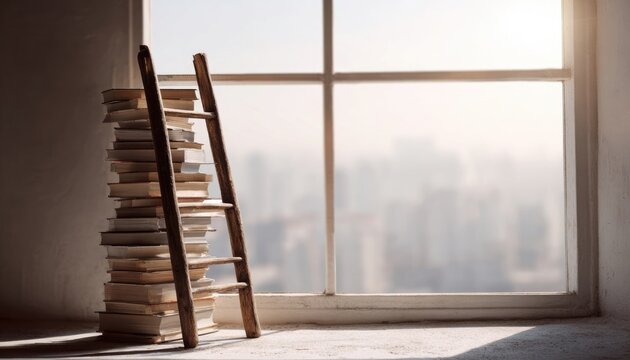 A stack of books with the spines forming a ladder reaching up towards a bright, open window.