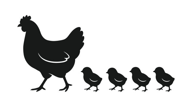 Black silhouette of a mother hen and her chicks walking in a line isolated on white background