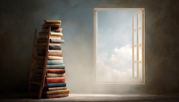 A stack of books with the spines forming a ladder reaching up towards a bright, open window.
