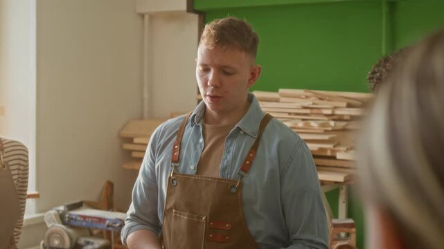 Young woodworker telling teenage group about safety precautions before starting masterclass in carpentry workshop