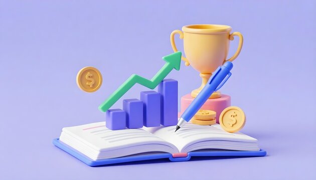 3D illustration of financial growth, success, and learning with a purple background