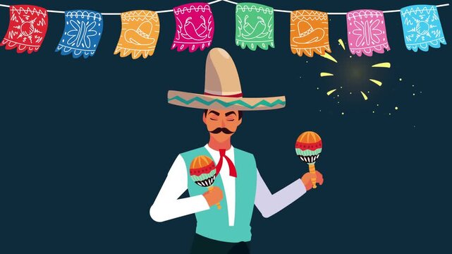 Mexican mariachi man with maracas in a festive celebration with colorful garlands and fireworks motion.