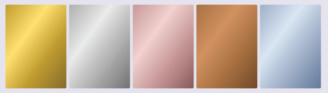 Set of five metallic sheen cards in dark gold pewter gray warm rose rustic copper and midnight steel blue tones