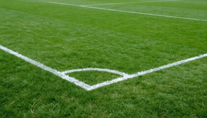 Obraz premium Close-up of a perfectly manicured green soccer field corner with white markings