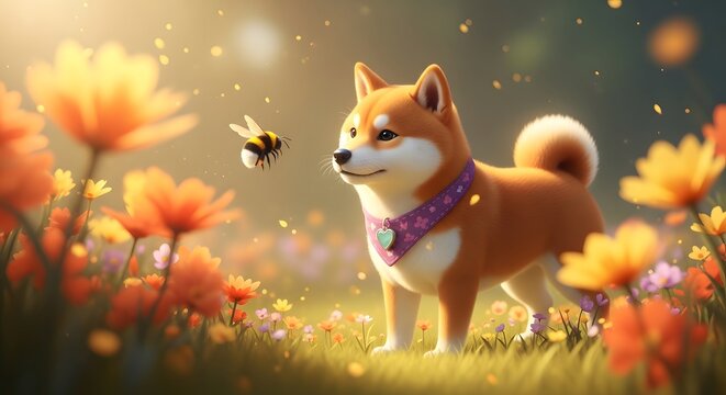 A delightful Shiba Inu puppy wearing a cute collar watches a buzzing bee in a bright spring meadow filled with vibrant orange and yellow wildflowers, embodying natural charm