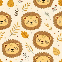 Fototapeta premium Lion and Foliage Seamless Pattern: A charming pattern showcasing the face of a lion, interwoven with autumn leaves, and floral elements, creating a cohesive and harmonious design. 