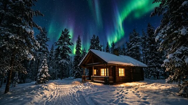 A cozy wooden log cabin glowing with warm light under a spectacular Northern Lights display in a snowy pine forest.