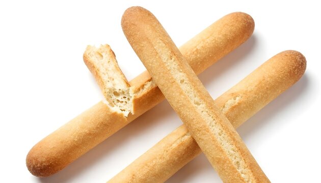 Golden brown breadsticks arranged in a pleasing composition on a white background