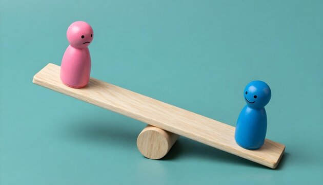 Wooden seesaw with contrasting figures representing happiness and sadness