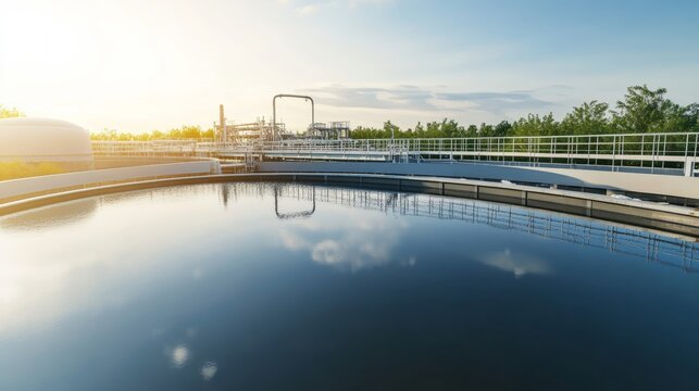 Modern wastewater treatment plant with clean water tanks under soft sunlight