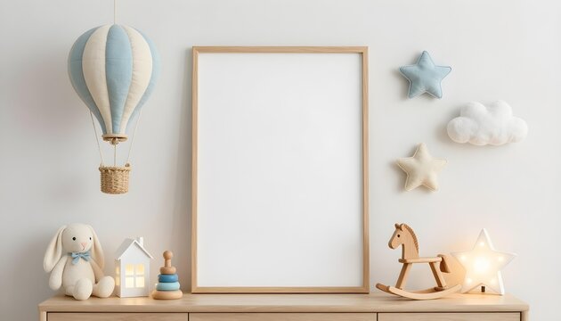 Nursery room decor with hot air balloon, rocking horse, and stuffed bunny