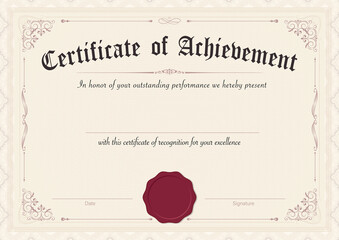 Elegant certificate of achievement with ornate border and wax seal for recognition © Andy