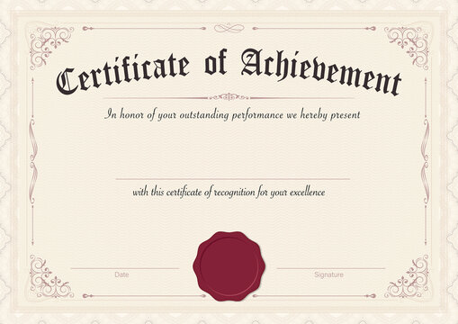 Elegant certificate of achievement with ornate border and wax seal for recognition