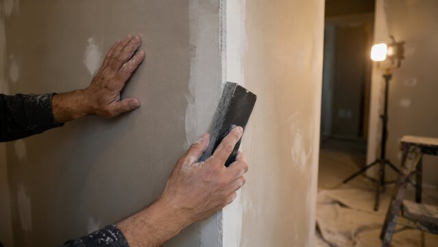 Hands sanding drywall corner joint with black sanding block during interior renovation, with unfinished walls, work light, and dusty tools behind