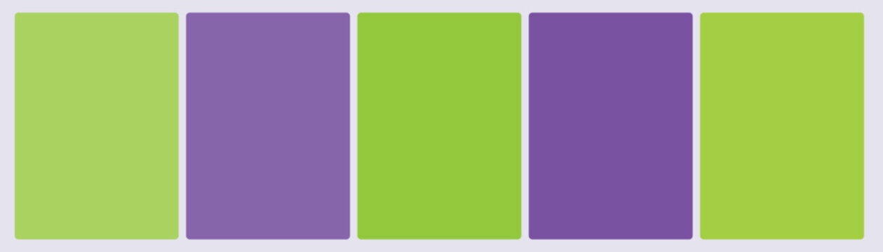 Set of five bright lime and vivid purple complementary color swatch cards