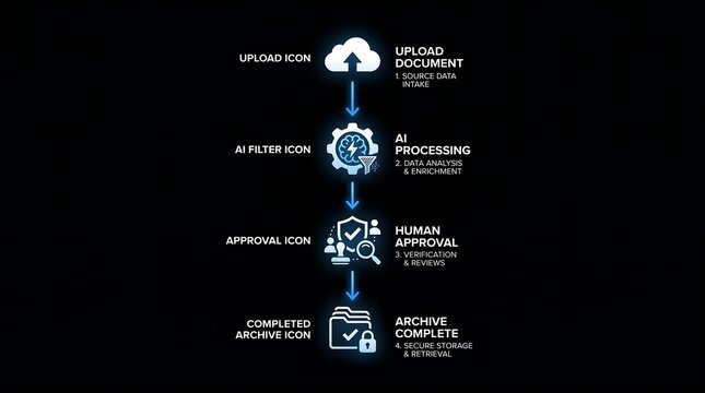 Digital workflow automation infographic with glowing icons representing data upload ai processing human approval and secure document archiving on black background