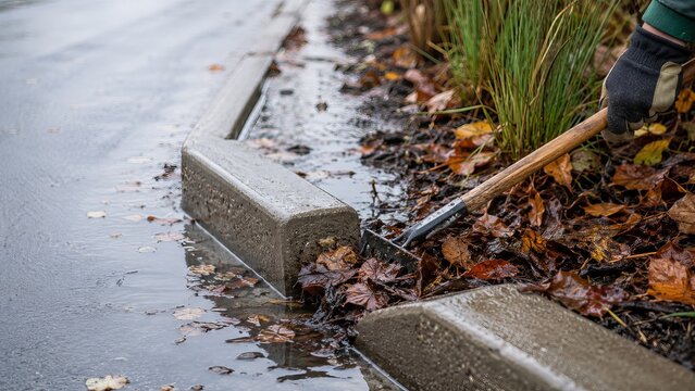 Gloved hand uses a rake to clear wet autumn leaves from a flooded curbside planter beside concrete parking stops and tall grasses