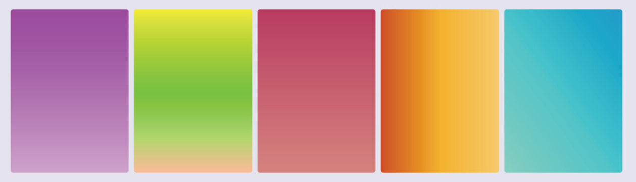 Set of five olive gradient cards in orchid purple yellow green rose orange amber teal and mint color blends