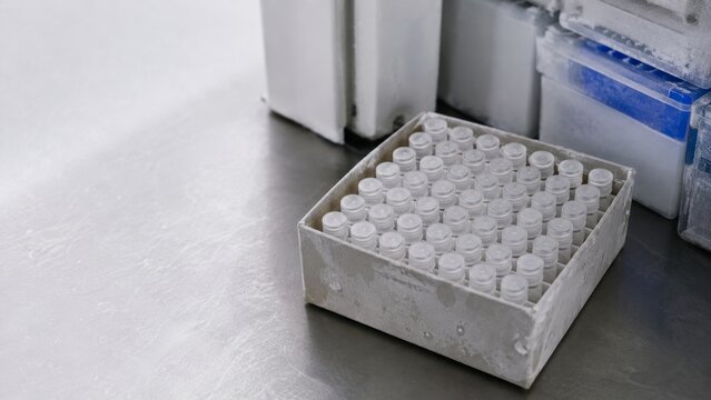 Frosted laboratory cryobox filled with capped sample vials sits on a stainless steel workbench beside chilled storage containers in a cold laboratory
