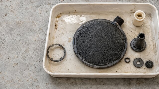 Disassembled dirty water pump filter components with black circular cartridge, threaded fittings and seals in white plastic tray on concrete