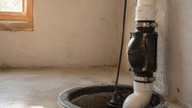 Basement sump pump discharge pipe with black check valve and hose clamps beside concrete wall and open pit, showing indoor plumbing setup