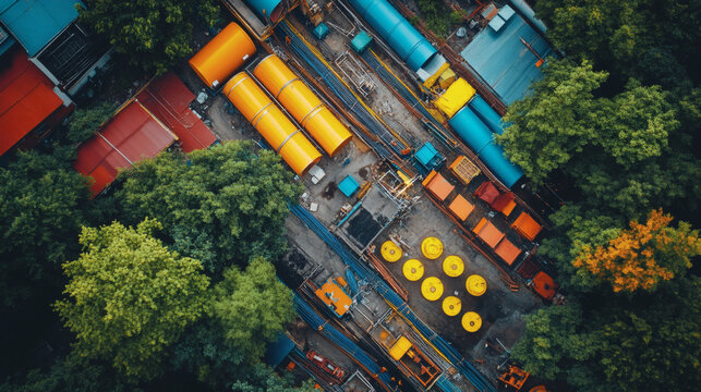 Aerial view of a construction site with large cylindrical tanks and machinery surrounded by lush green trees showcasing industrial compliance and environmental integration in an urban setting.