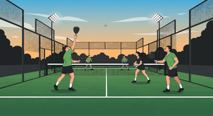 Fototapeta premium People Enjoy Padel Sports In Court At Dusk Or Sunset With Net And Lights